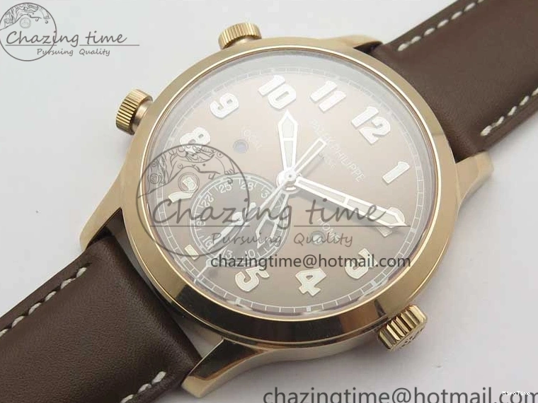 MIROTIME 0323 Calatrava 5524R Pilot Travel Time RG GRF Brown Dial on Brown Leather Strap MIYOTA TopPick 7155
